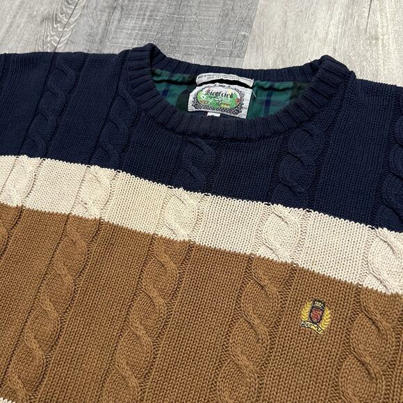 VTG Siegfried Cable Knit Cotton Striped Pull Over Color Block Crewneck Sweater - Picture 2 of 4